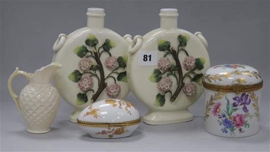 Two Limoges pots, Belleek and other ceramics, a Royal Doulton Figurine - Priscilla HN 1540 and a pair of entree dishes